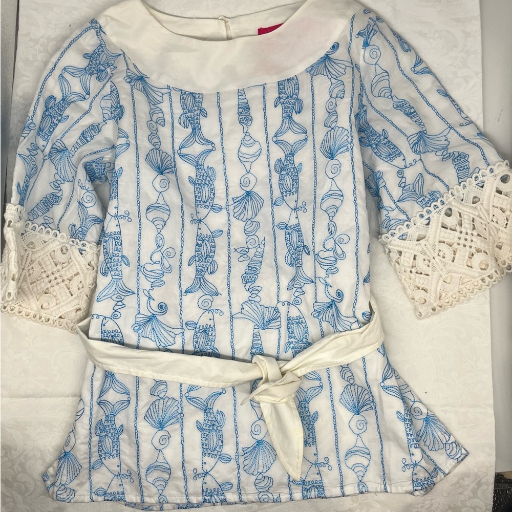 LILLY PULITZER Jubilee Tunic Top Girls 10 White Blue Embroidered Fish Crochet